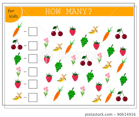 Math game for kids count how many of them there are. raspberries, bananas, carrots, tulips, grapes Math game for kids count how many of them there are. raspberries, bananas, carrots, tulips, grapes 90614916