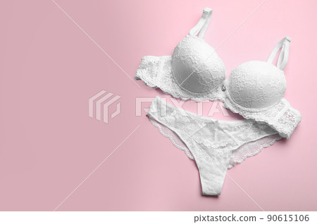 Elegant women's underwear on pink background, flat lay. Space for text Elegant women's underwear on pink background, flat lay. Space for text 90615106