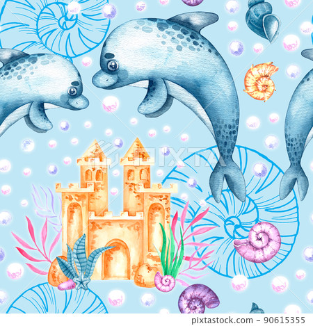 Watercolor pattern with sand castle, sea creatures 90615355