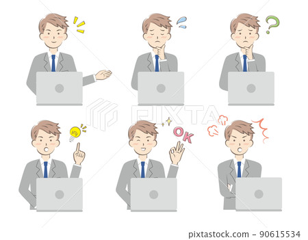 A variation of a set of facial expressions for a man in a suit and a personal computer A variation of a set of facial expressions for a man in a suit and a personal computer 90615534