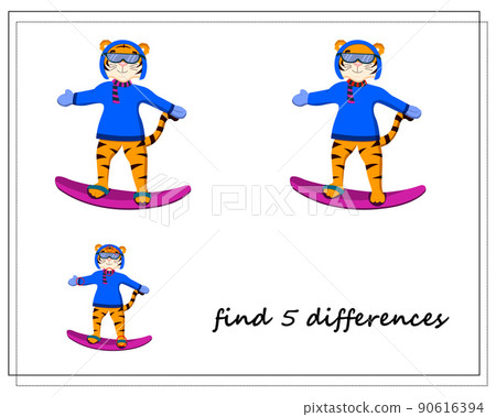 a game for children find the differences, winter, a tiger on a snowboard, a symbol of the year. 90616394