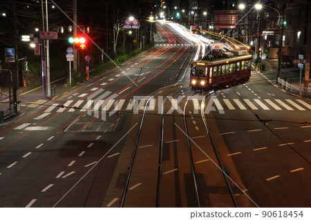 Asukayama intersection at night and Toden-Arakawa line 90618454
