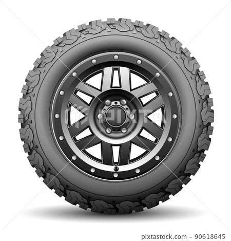 Realistic car wheel offroad black metal rubber on white background vector 90618645