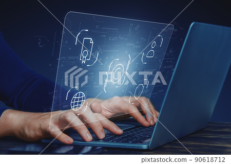 The concept of copyright protection in the global Internet. The person is working on a laptop. 90618712