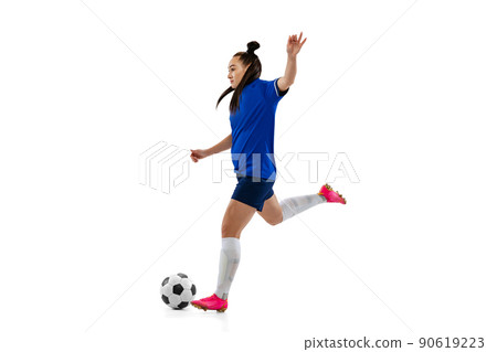 One sportive girl, female soccer, football player training isolated on white studio background. Sport, action, motion, fitness concept 90619223