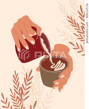 Hands with coffee mug and jug. Barista makes coffee with milk. Poster in minimalist retro style. Hands with coffee mug and jug. Barista makes coffee with milk. Poster in minimalist retro style. 90619538