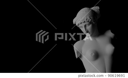 3D concept illustration of classical Greek goddess sculpture in white marble isolated on black background. 90619691