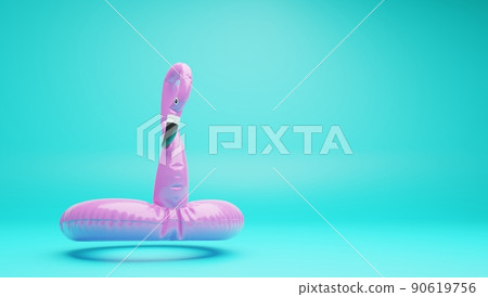 Inflatable flamingo isolated on turquoise background. 3D rendering. Inflatable flamingo isolated on turquoise background. 3D rendering. 90619756