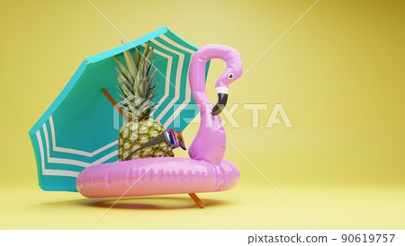 Image of a pink flamingo-shaped float ideal for summer while on vacation at the beach or by the pool. 3d rendering. Image of a pink flamingo-shaped float ideal for summer while on vacation at the beach or by the pool. 3d rendering. 90619757