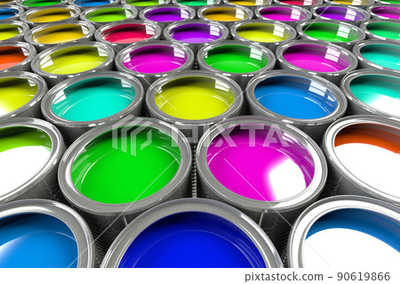 Multiple open cans with different paint 90619866