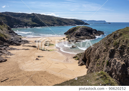 Aerial view of the Murder Hole beach, officially called Boyeeghether Bay in County Donegal, Ireland 90620252