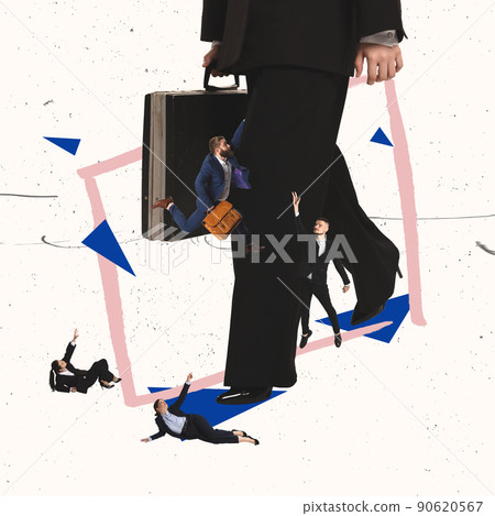 Contemporary art collage. Ginat woman with suitcase walking around small people trying to reach her. Boss influence Contemporary art collage. Ginat woman with suitcase walking around small people trying to reach her. Boss influence 90620567