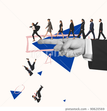 Contemporary art collage. Group of people walking on male hand pointing way and falling down. Blind following 90620569