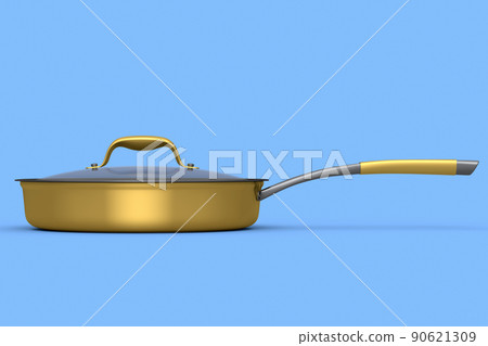 Frying pan with glass lid on blue background, non-stick kitchen utensils Frying pan with glass lid on blue background, non-stick kitchen utensils 90621309