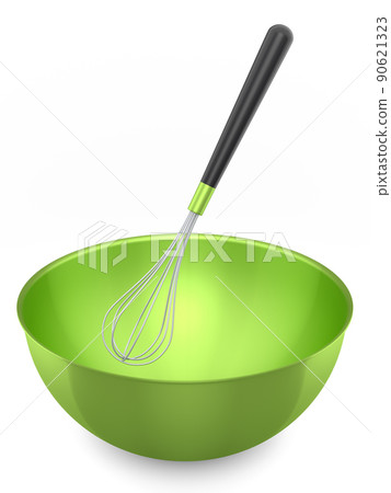 Metal bowl with whisk for preparation of dough isolated on white background. 90621323