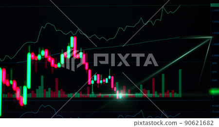 Technical trading of candlestick signal graph fast moving with panic market, Line graph of green and red candle movement with profit and loss for trading currency investment 90621682
