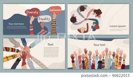 Volunteer people concept web page banner poster editable template. Raised arms and hands up multiethnic people. Multicultural people in a circle with hands on top of each other top view 90622015