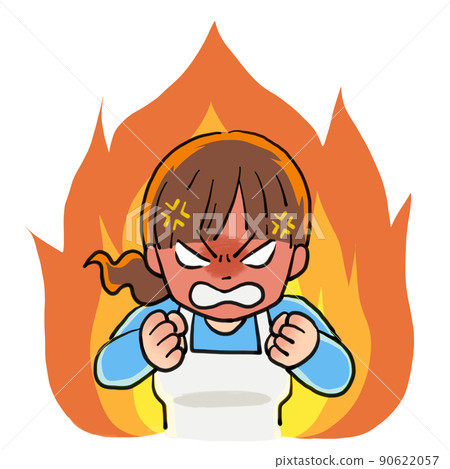 一位對背景中的火焰感到憤怒的家庭主婦的插圖 90622057