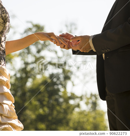 Groom marrying his bride outdoors in a park Groom marrying his bride outdoors in a park 90622273