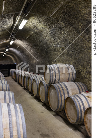 Wine cellars with barrels, traditional wine called Bikaver near Eger, Hungary Wine cellars with barrels, traditional wine called Bikaver near Eger, Hungary 90622299