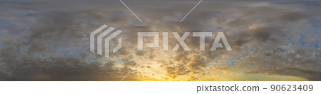 Panorama of a dark blue sunset sky with golden Cumulus clouds. Seamless hdr 360 panorama in spherical equiangular format. Full zenith for 3D visualization, sky replacement for aerial drone panoramas. Panorama of a dark blue sunset sky with golden Cumulus clouds. Seamless hdr 360 panorama in spherical equiangular format. Full zenith for 3D visualization, sky replacement for aerial drone panoramas. 90623409