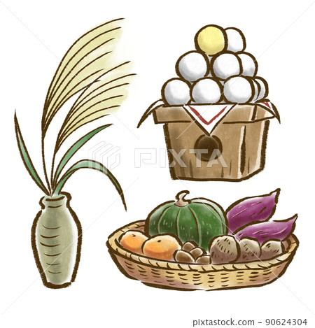 Illustration set of moon-viewing offerings (moon-viewing dumplings, Japanese pampas grass, seasonal harvest) 90624304