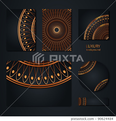 Set Black Card Decorative round gold frame Mandala for design with floral ornament. Circle border template for printing postcards, invitations, books, engraving, wedding, vip party. Vector 90624484
