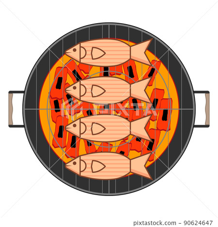 Fried fish on coals in a round grill. Vector illustration on white background. Fried fish on coals in a round grill. Vector illustration on white background. 90624647