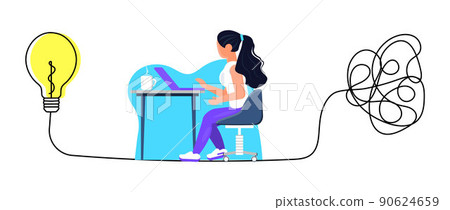 Process of solving, unleashing problems. Employee, freelancer works at office. Chaotic lines and doodles turn into a light bulb. Process of solving, unleashing problems. Employee, freelancer works at office. Chaotic lines and doodles turn into a light bulb. 90624659