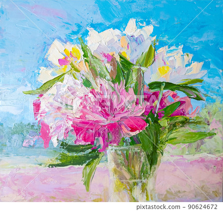 Spring flower bouquet in glass vase. Oil painting on canvas Spring flower bouquet in glass vase. Oil painting on canvas 90624672
