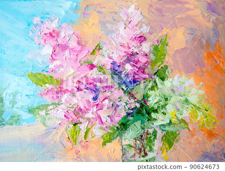 Spring flower bouquet in glass vase. Oil painting on canvas Spring flower bouquet in glass vase. Oil painting on canvas 90624673