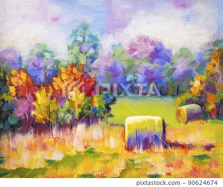 Autumn landscape with haystack . Colorful oil painting 90624674