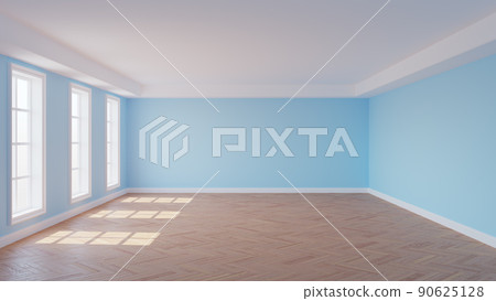 Beautiful Sunlit Interior with Light Blue Walls, Three Large Windows, White Ceiling Cornice, Parquet Flooring and a White Plinth. 3D rendering with a Work Path on the Windows. 8K Ultra HD, 7680x4320 90625128