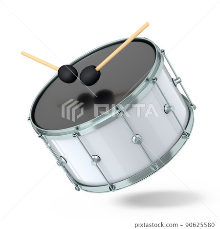 Realistic drum and wooden drum sticks on white. 3d render of musical instrument Realistic drum and wooden drum sticks on white. 3d render of musical instrument 90625580