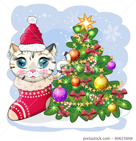 Cute cartoon cat in Santa's hat near the decorated Christmas tree. Winter 2023, Christmas and Chinese New 90625606