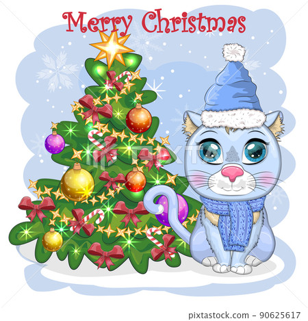 Cute cartoon cat in Santa's hat near the decorated Christmas tree. Winter 2023, Christmas and Chinese New Cute cartoon cat in Santa's hat near the decorated Christmas tree. Winter 2023, Christmas and Chinese New 90625617
