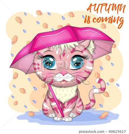 Cartoon cat with an umbrella. Autumn is coming. Cute child character, symbol of 2023 new chinese year 90625627