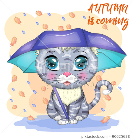 Cartoon cat with an umbrella. Autumn is coming. Cute child character, symbol of 2023 new chinese year 90625628