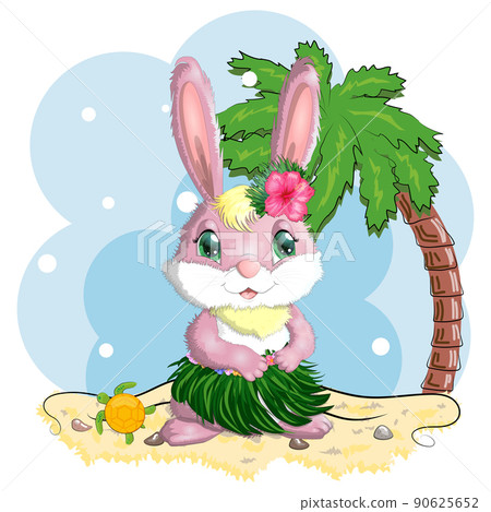 Cute rabbit, hare in Hawaiian clothes dancing hula. Wreath and garland of flowers, beach, vacation, vacation concept. Cute rabbit, hare in Hawaiian clothes dancing hula. Wreath and garland of flowers, beach, vacation, vacation concept. 90625652