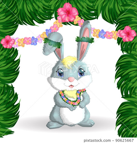 Cute rabbit, hare in Hawaiian clothes dancing hula. Wreath and garland of flowers, beach, vacation, vacation concept. Cute rabbit, hare in Hawaiian clothes dancing hula. Wreath and garland of flowers, beach, vacation, vacation concept. 90625667