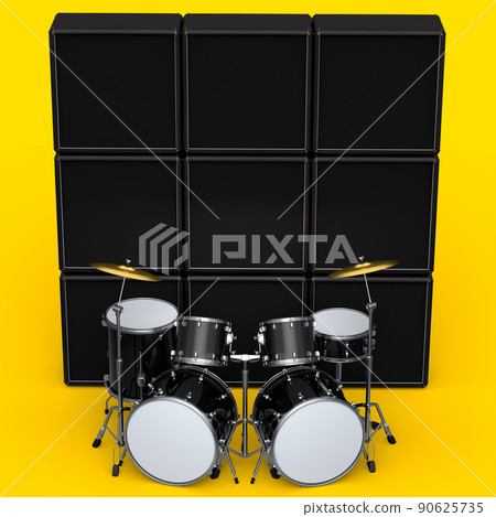 Set of realistic drums with metal cymbals or drumset and amplifier on yellow 90625735