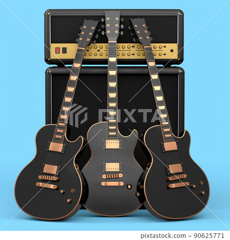 Set of electric acoustic guitar and amplifier on blue background. Set of electric acoustic guitar and amplifier on blue background. 90625771