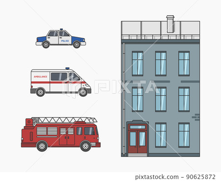 emergency services fire engine ambulance police car near apartment house flat vector illustration emergency services fire engine ambulance police car near apartment house flat vector illustration 90625872