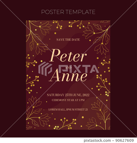 Floral wedding card invite template in elegant golden style, invitation card design with gold flowers with leaves, dots and berries. Vector decorative frame on rich red background. Floral wedding card invite template in elegant golden style, invitation card design with gold flowers with leaves, dots and berries. Vector decorative frame on rich red background. 90627609