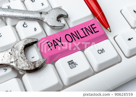 Text sign showing Pay Online. Concept meaning buy products or service using credit card on any website -48634 Text sign showing Pay Online. Concept meaning buy products or service using credit card on any website -48634 90628559