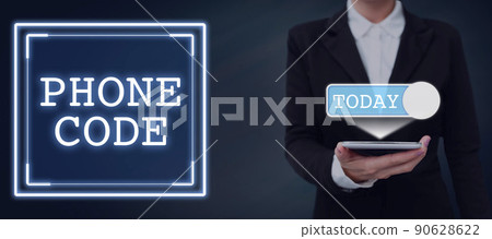 Hand writing sign Promo Code. Internet Concept digital numbers that give you good discount on certain product Lady in suit holding pen symbolizing successful teamwork accomplishments. 90628622
