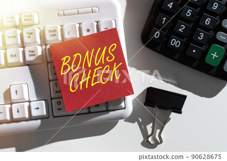 Handwriting text Bonus Check. Word Written on something in addition to what is expected or strictly due Lady in suit holding pen symbolizing successful teamwork accomplishments. 90628675