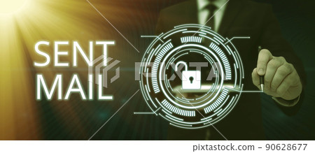 Text caption presenting Sent Mail. Business approach Event where a letter to be taken somewhere or goes to the receiver Businessman in suit holding notepad symbolizing successful teamwork. 90628677