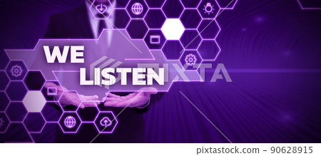 Writing displaying text We Listen. Business idea Group of showing that is willing to hear anything you want to say Businessman in suit holding notepad symbolizing successful teamwork. 90628915
