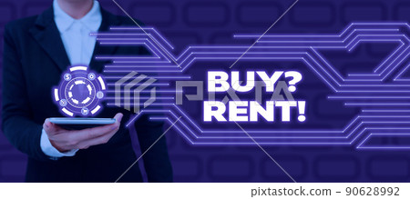 Conceptual display Buy Question Rent. Word Written on Group that gives information about renting houses Businessman in suit holding tablet symbolizing successful teamwork. 90628992